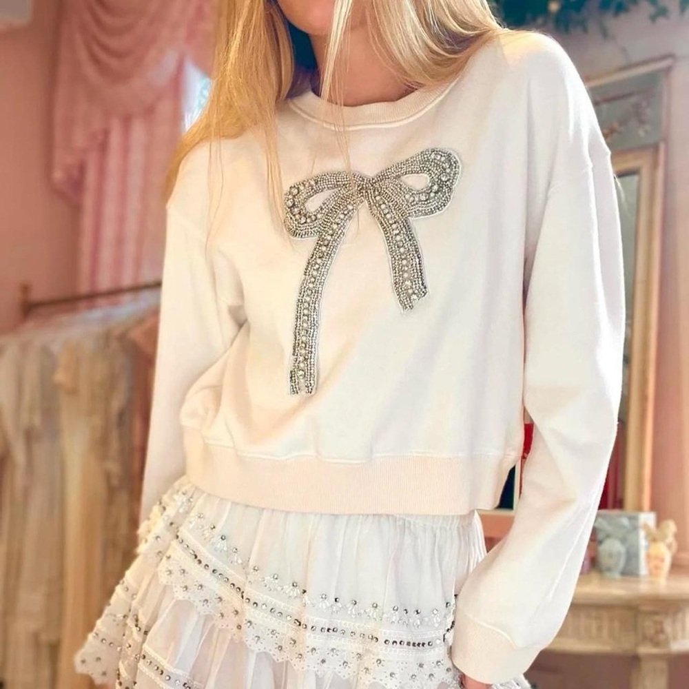 LoveShackFancy Rylan Embellished Bow Fleece Pullover